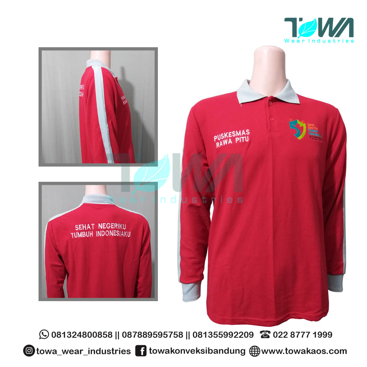 Baju Kaos Kerah Baju Poloshirt HKN Puskesmas Rawa Pitu Merah Mix Abu Panjang